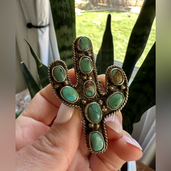 Turquoise Sterling Silver Cactus Statement Ring- Adjustable - Picture 3 of 12
